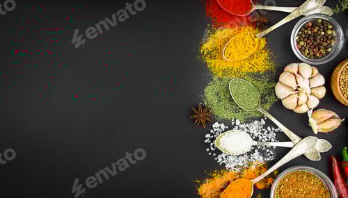 Preview: Various spices and herbs in spoons on a dark table. Indian cuisine. Food background. Banner.