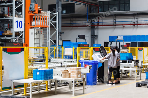 Preview: Two Employees from behind working on modern automatic warehouse in China