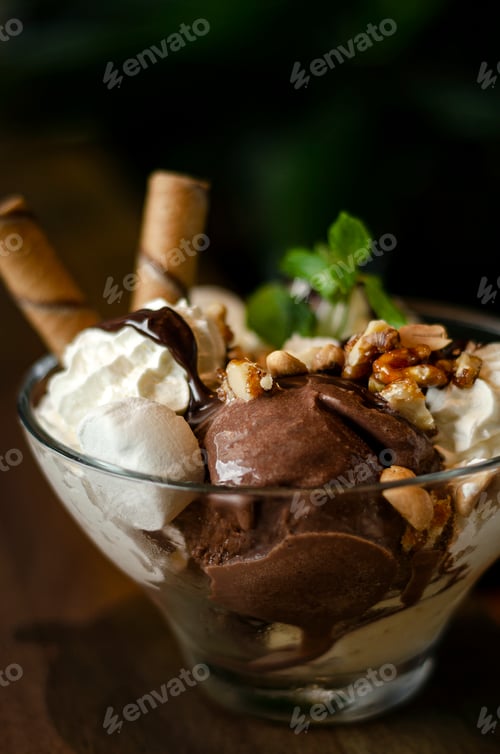 Preview: chocolate and mint vanilla ice cream sundae dessert in bowl