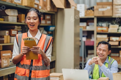 Preview: Worker employee recieve salary plus good working overtime bonus money payday from factory manager.