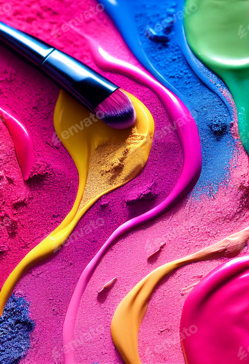 Preview: Concept image makeup and vibrant makeup colors and a cosmetics brush with copy space, banner for des