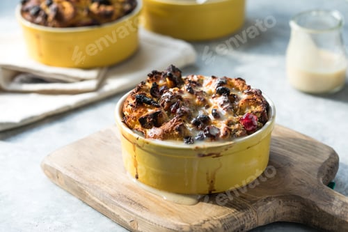 Preview: Homemade bread pudding breakfast casserole with apples and cinnamon and egg white frosting