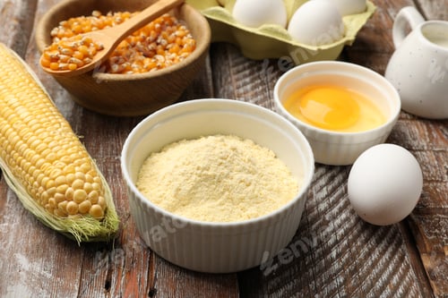 Preview: Making cornbread. Different ingredients on light blue wooden table, closeup