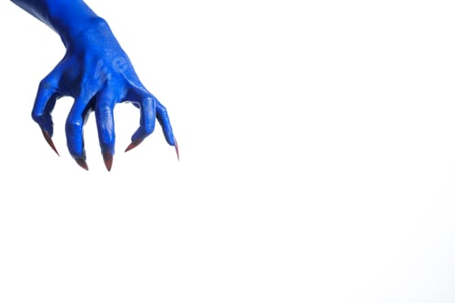 Preview: A witch's blue hand with sharp red nails white background.exudes demonic,monstrous vibe,blending