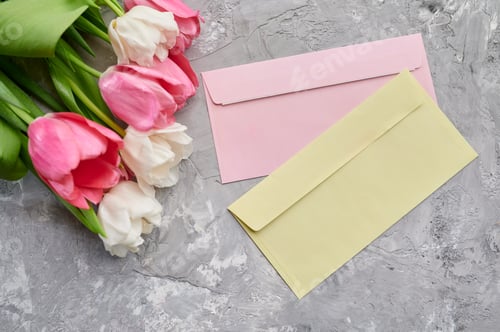 Preview: Tulips and envelopes on grunge grey background
