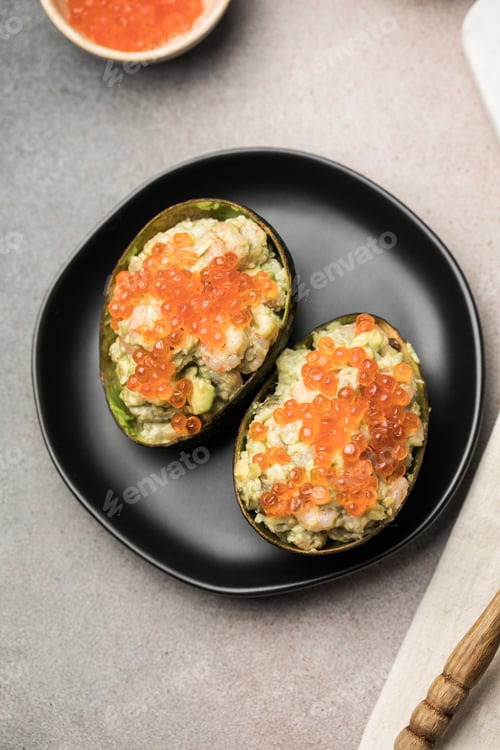 Preview: Avocado Cups Stuffed with Tasty Mexican Prawn and red caviar