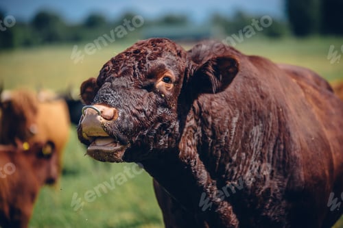 Preview: Closeup shot of a circle hanged on the snout of a black calf