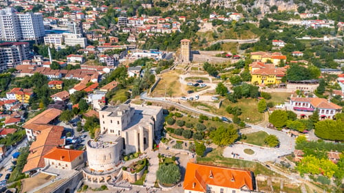 Preview: The beautiful Kruje Castle and its fortress seen from an aerial drone view, tower and the Kruje