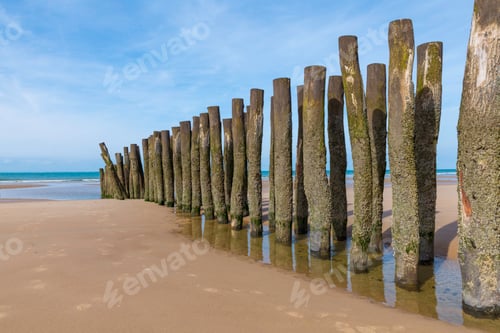 Preview: beach in france with wooden poles and the cahnnel between france and england