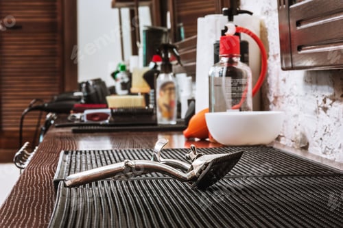 Preview: Barber shop equipment on wooden background.