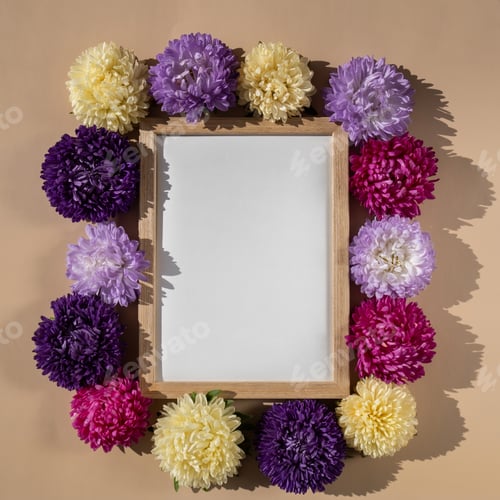 Preview: Empty paper frame with copy space for text. Mock up template. Colorful flowers around. Holiday