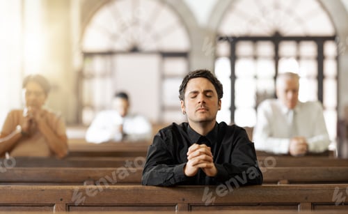 Preview: Prayer, religious and young man in church with congregation, faithful and hands together. Religion,