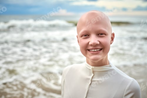 Preview: Close up portrait of smiling hairless girl with alopecia in white futuristic costume on sea