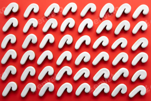 Preview: A lot of gingerbread candy cane shaped cookies on a red background.