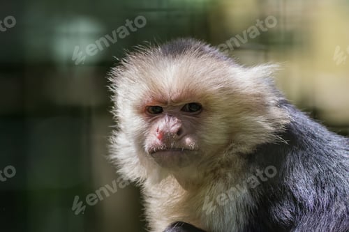 Preview: Shallow focus closeup shot of a Capuchin monkey looking at the camera with an angry face