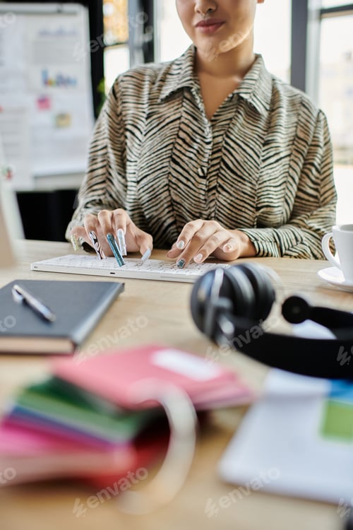 Preview: A beautiful bald woman engages in creative work at a bright office space amidst colorful materials