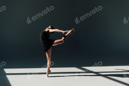 Preview: young ballerina in black dress dancing in sunlight