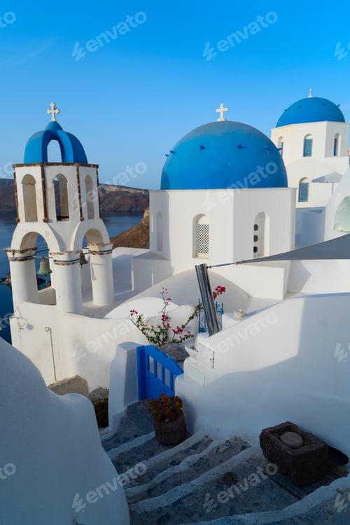 Preview: white belfries Santorini island, Greece
