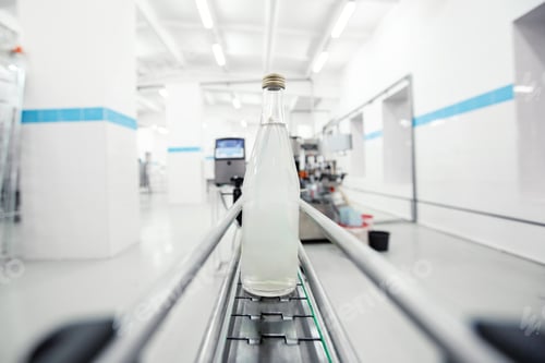 Preview: Water bottle on conveyor belt in a modern beverage production facility during daylight hours