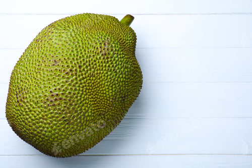 Preview: Delicious fresh exotic jackfruit on white table, top view. Space for text