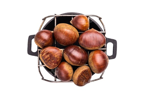 Preview: Raw chestnuts on a grill ready for cooking isolated on white background