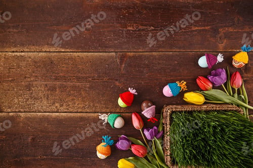 Preview: Easter eggs, green grass and tulips
