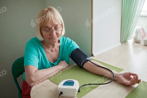 Preview: Senior adult using medical device and measuring blood pressure at home, health care and treatment