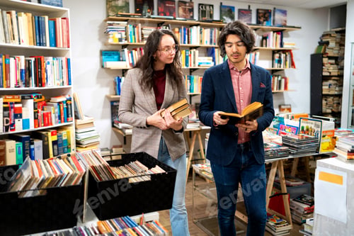 Preview: Young adults exploring literature in a bustling second-hand bookstore