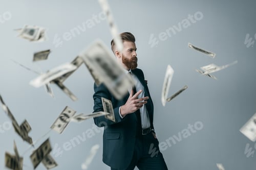 Preview: portrait of elegant businessman with falling dollar banknotes isolated on grey