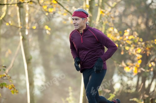 Preview: A middle-aged man jogging through a park on a sunny morning with trees in the background.