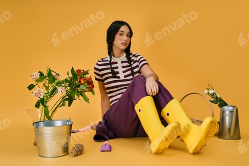 Preview: Young woman with pigtails joyfully gardening in bright studio setting