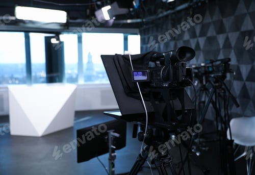 Preview: Modern video recording studio with professional equipment, focus on camera
