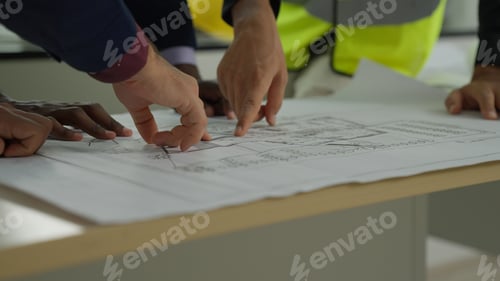 Preview: Close up blueprint, male engineer foreman using blueprint assigning work plan