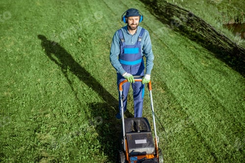 Preview: Gardener working with lawn mower on the backyard