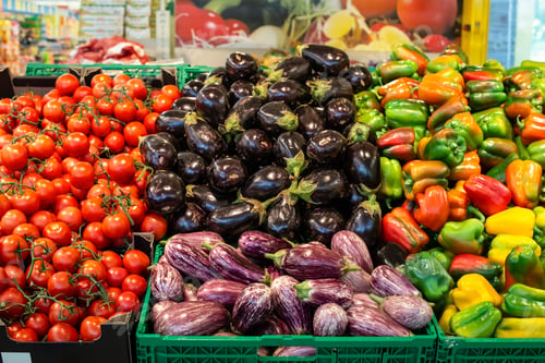 Preview: Arranged eggplants, peppers and tomatoes.