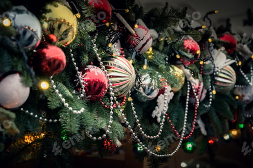 Preview: Details decorated Christmas kiosk with red, golden balls. Outdoor fair. Xmas.