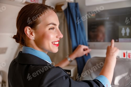 Preview: Cheerful stewardess using touchscreen display in airplane