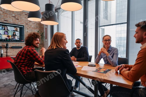Preview: In the vibrant ambiance of a modern startup office, a diverse team of business professionals engage