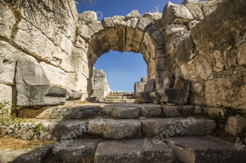Preview: Wide shot of ancient stone structures in the ancient city of Miletus in Turkey