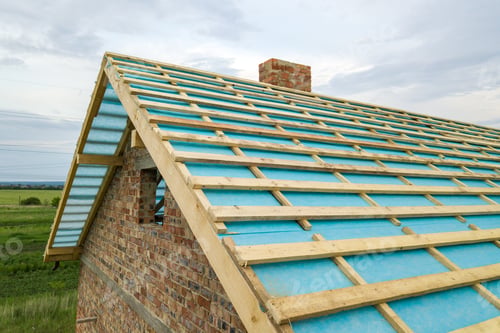 Preview: Aerial view of a wooden roof frame of brick house under construction.