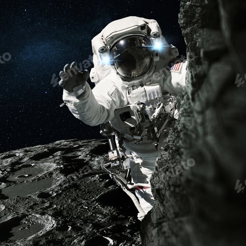 Preview: Space man in a suit travels on the moon and climbs uphill. Cosmic mission and moon