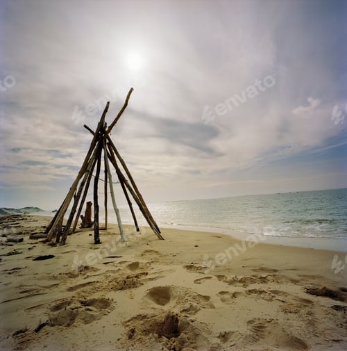 Preview: Log teepee on sandy beach