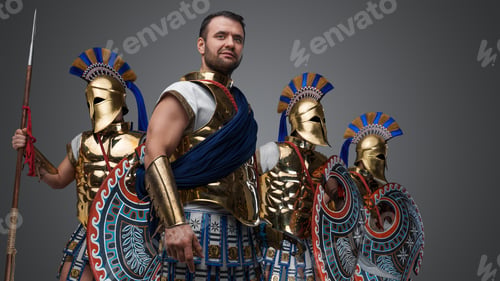 Preview: Greek warlord with two warriors against grey background