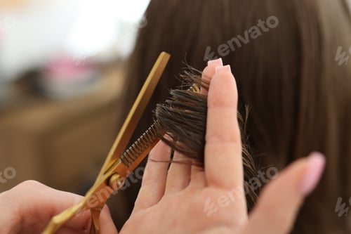 Preview: Hairstylist cutting client's hair with scissors in salon, closeup