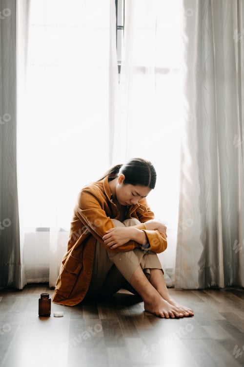 Preview: woman sit Depression Dark haired pensive glance Standing by window and anxiety Copy space.
