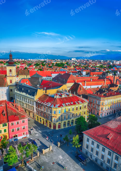Preview: Holy Trinity Church and Council Tower in Sibiu city, view from the bell tower of St Mary Cathedral