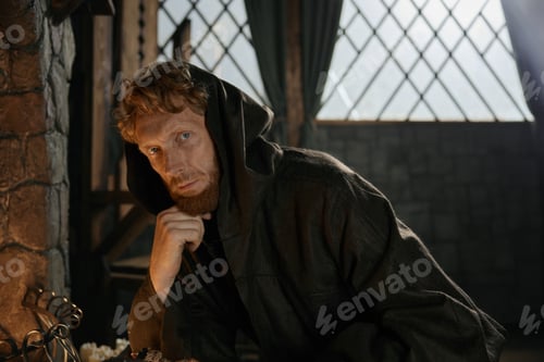 Preview: Portrait of serious pensive medieval monk in hooded robe sitting at table
