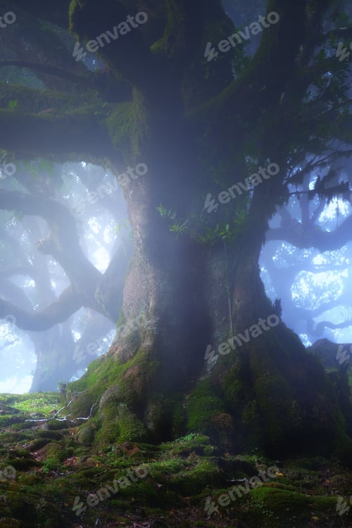 Preview: ancient laurel tree in mystical mist