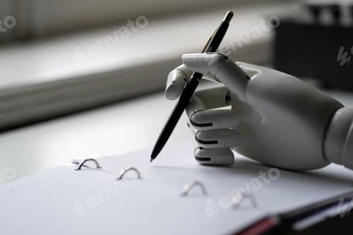 Preview: the artificial robotic arm write down some notes with pen