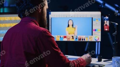 Preview: Photographer using smartphone selfie camera to film content, discussing image retouching software